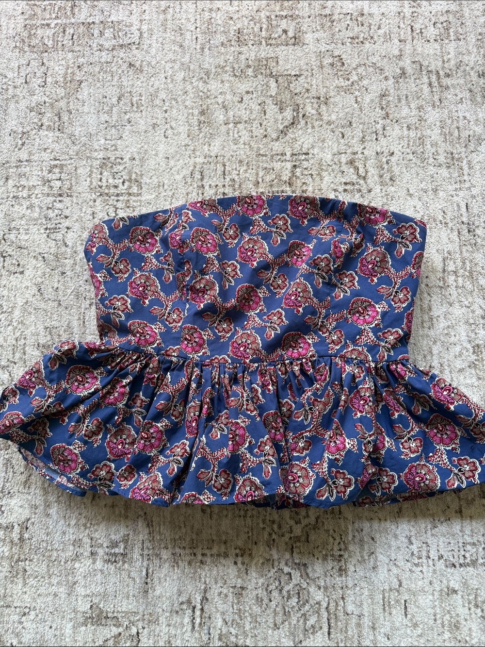 J. Crew collection paisley Strapless Peplum Floral Top in Navy and Pink